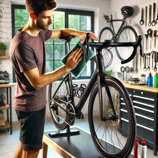 A cyclist cleaning a carbon fiber bike with a microfiber cloth in a well-lit workshop, showcasing tools and maintenance equipment in an organized setting.