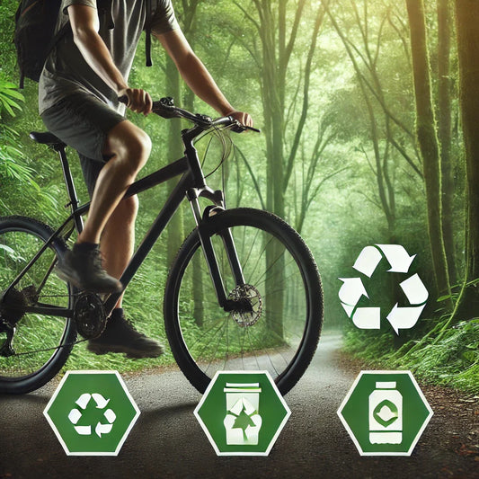 A cyclist riding a pre-owned bike through a lush green forest, with eco-friendly symbols like recycling and carbon footprint icons, highlighting sustainability.