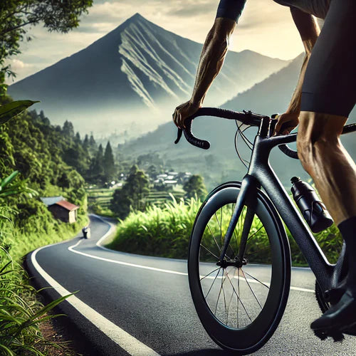 A cyclist riding a pre-owned carbon fiber bike on a scenic road with lush greenery and mountains, highlighting the bike's lightweight and high-performance features.