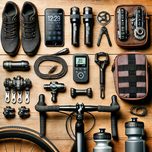 Flat lay of essential road and gravel bike accessories, including a bike computer, lights, saddle bag, clipless pedals, multi-tools, and hydration bottles on a wooden background.