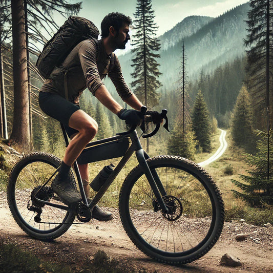 A gravel bike on a rugged trail with a cyclist riding confidently, highlighting its versatility and durability.