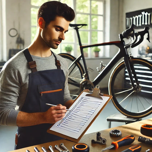 A mechanic resembling Mike, the owner of Brooklyn Carbon Bike Co., inspecting a used road bike in a bright and professional workshop. The setting includes tools and a checklist, focusing on quality and detail.