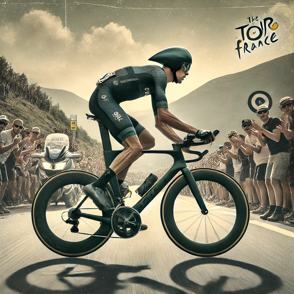 A professional cyclist from the 1990s racing on a sleek, lightweight carbon fiber bike during the Tour de France, with subtle tones and a mountainous backdrop.