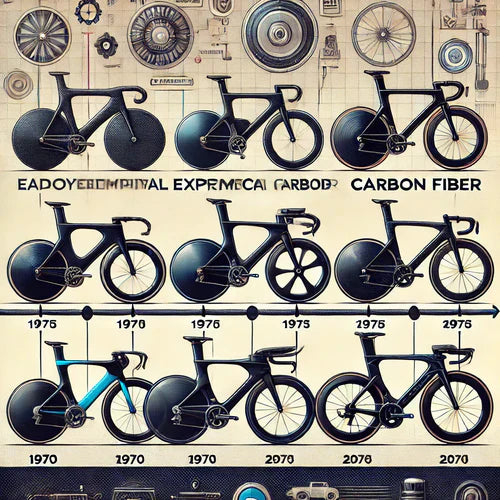 Timeline showing the evolution of carbon fiber bikes from early models to modern professional designs.