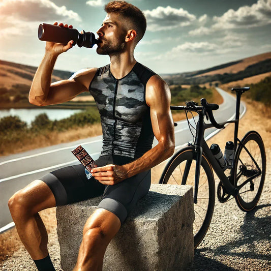 Endurance cyclist refueling with a healthy snack during a ride