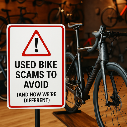 A warning sign displayed inside a modern bike shop, highlighting used bike scams with a certified pre-owned carbon bike in the background.
