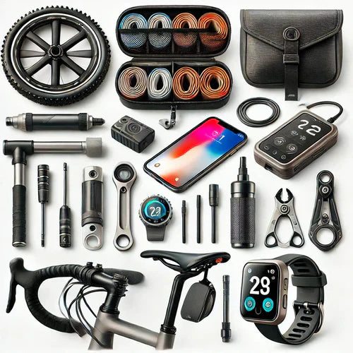 A collage of essential cycling gear, including a hex wrench set, a bike pump, inner tubes, a saddle pouch, tire levers, a cycling speed sensor, a heart rate monitor, a quad lock phone mount, and LED bike lights.