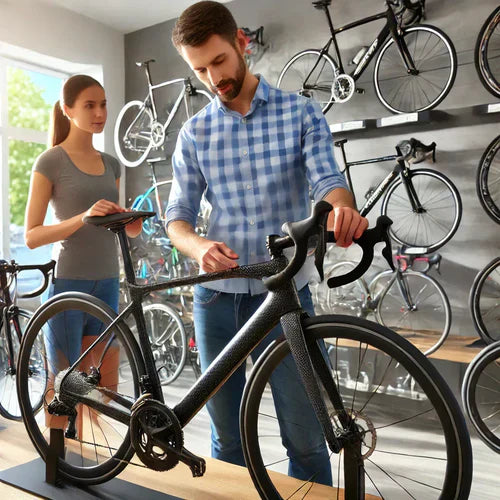 A beginner cyclist selecting a used carbon fiber road bike at a professional bike shop, receiving expert advice from a salesperson.