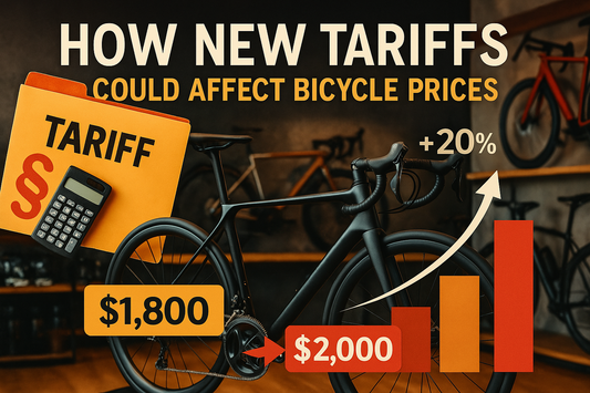 Infographic showing a carbon road bike in a bike shop with a price tag rising from $1,800 to $2,000 due to new tariffs, alongside a +20% bar chart and a folder labeled “Tariff” with a calculator.