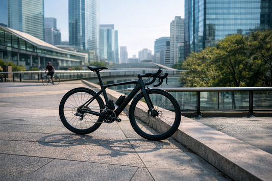 Lightweight carbon bike in a modern urban environment, ideal for city commuting and performance cycling