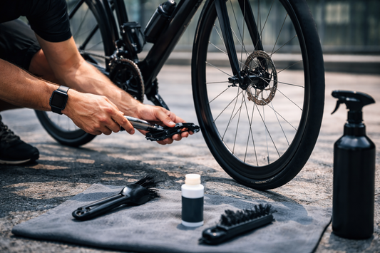 Cyclist performing maintenance on a carbon bike, cleaning and adjusting components with tools on an urban surface