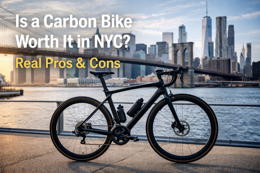 High-performance carbon bike in New York City with skyline view, ideal for urban commuting and city riding