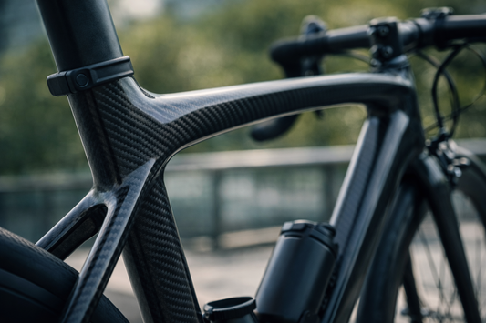 Close-up of carbon fiber bike frame texture showing high-performance material and premium quality