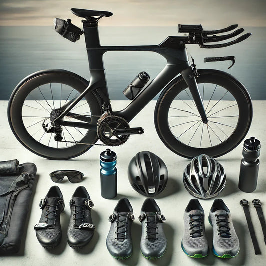 A complete triathlon cycling gear setup, including a carbon bike, aero helmet, race shoes, and hydration system, laid out for race day preparation