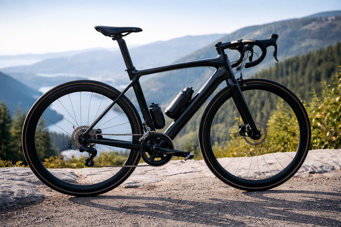 Lightweight carbon road bike on a scenic mountain road, representing speed, performance, and climbing efficiency