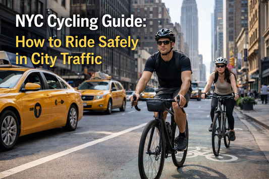 Cyclists riding bikes in New York City traffic with bike lane and cars, representing safe urban cycling in NYC streets