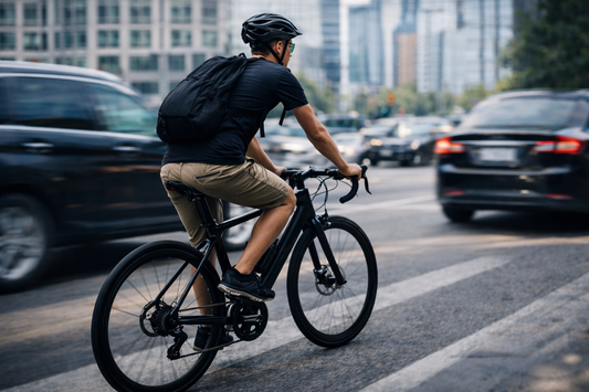 Urban cyclist riding a sleek lightweight bike through city streets, ideal for commuting and performance riding