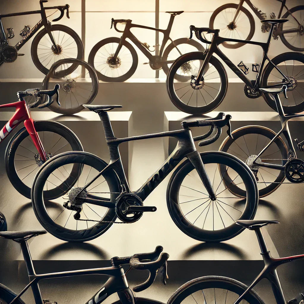 A high-quality collage of pre-owned carbon fiber road bikes from top brands like Trek, Specialized, Cervelo, and BMC, displayed in a showroom setting.