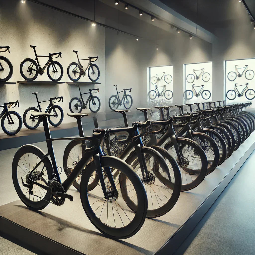 Collection of high-quality used carbon road and gravel bikes from top brands like Trek, Specialized, Cervélo, and BMC, displayed in a modern showroom. Lightweight, durable, and aerodynamic designs perfect for performance cycling.